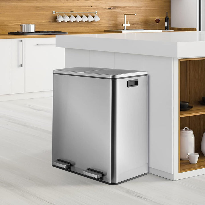 LIFERUN Mülleimer 2 Fächer, Abfalleimer Küche 60L (2x 30 Liter), aus Metall, mit Softclose Deckel, 2