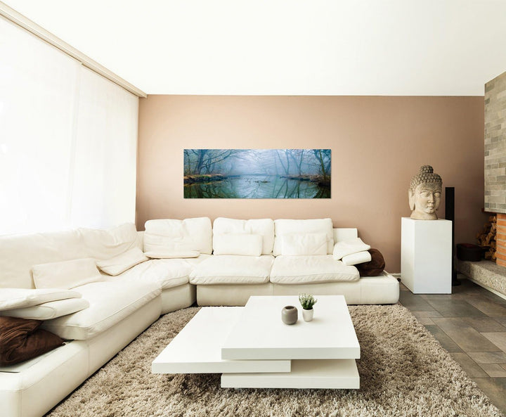 Paul Sinus Art Panoramabild auf Leinwand und Keilrahmen 150x50cm Wald Bäume Fluss Nebel Dunst