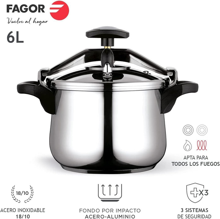 Fagor Clásica Bombe Schnellkochtopf 6 Liter, Induktion, Dampfkochtopf Express, Edelstahl 18/10, Alle