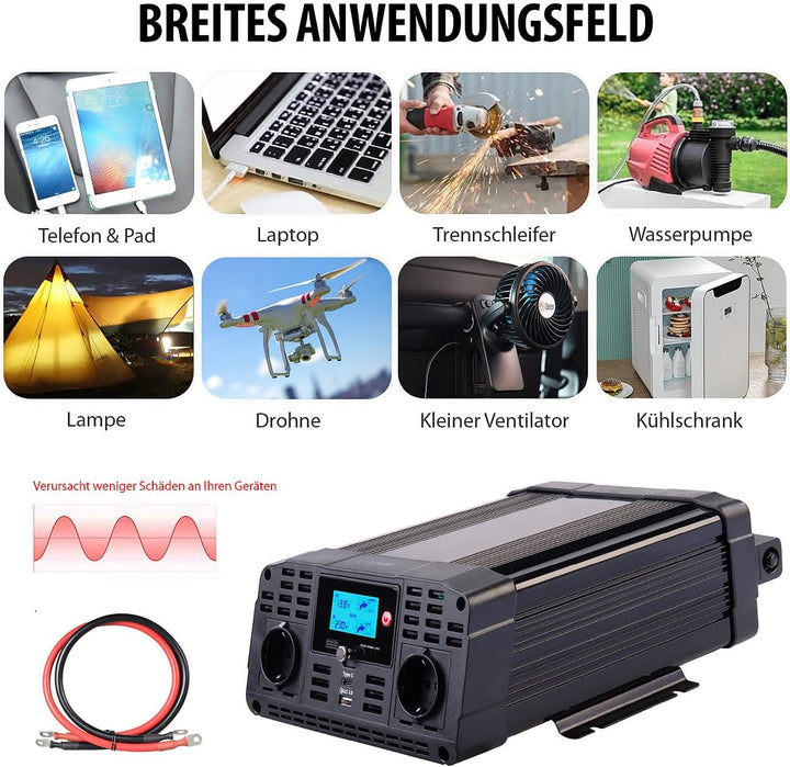 revolt Sinus Wechselrichter: 12-V-Wechselrichter auf 230 Volt, USB-A und -C, 1.500 Watt, Sinuswelle