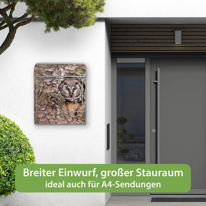 banjado® Design Briefkasten mit Motiv Eule 39x47x14cm &amp; 2 Schlüssel - Briefkasten Stahl Silber mit Z