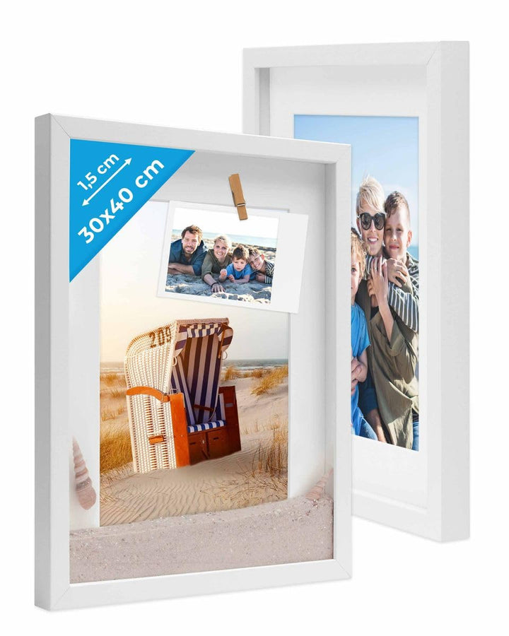 PHOTOLINI 3D Bilderrahmen zum Befüllen 30x40 Weiss gross, 1,5 cm tiefer Objektrahmen mit Glas, 2X ti
