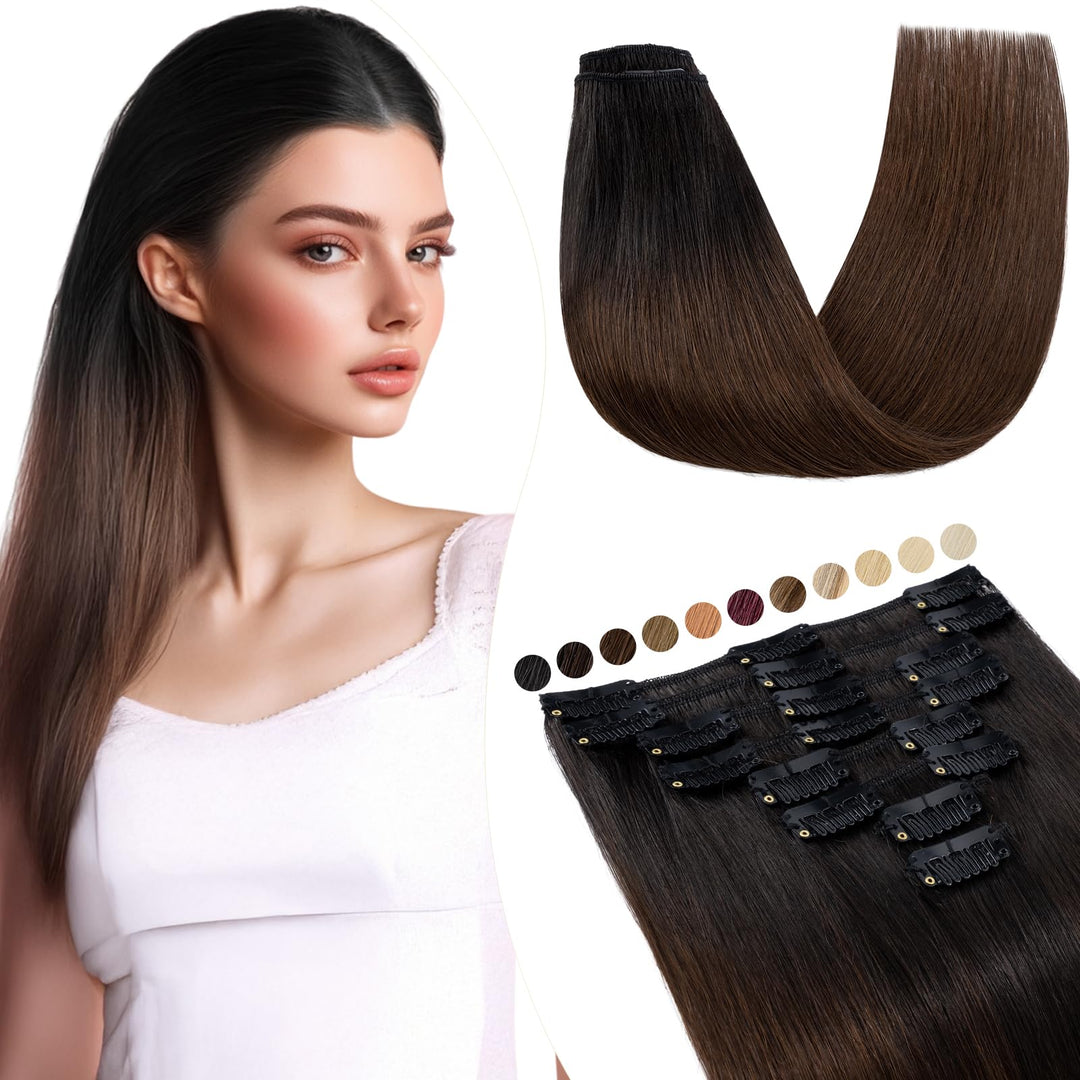 Elailite Extensions Echthaar Clip in 8 Tressen Glatt #1BT4 Naturschwarz ombre Mittelbraun, Haarverlä