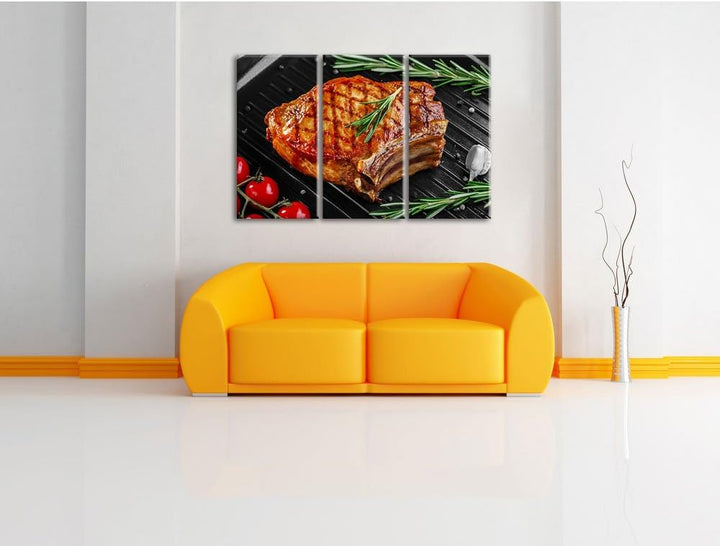 Pixxprint Rumpsteak auf Grill als Leinwandbild/Grösse: 3 Teilig (120x80) cm/Wandbild/Kunstdruck/fert