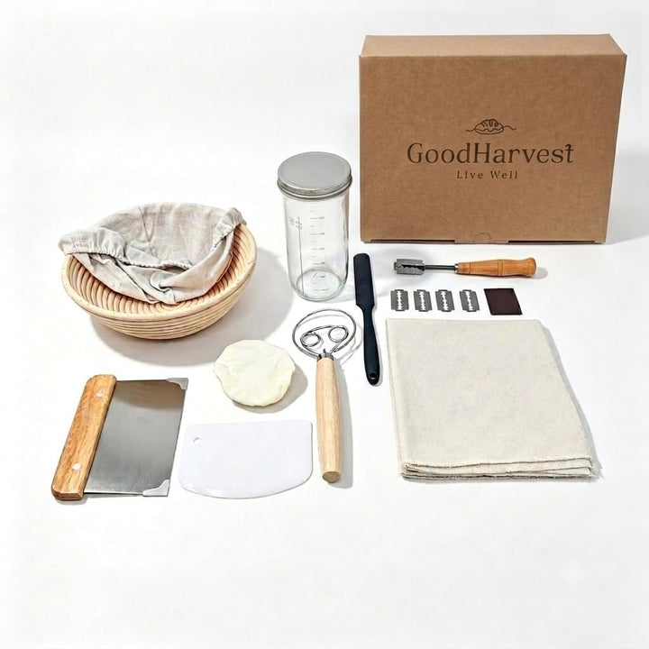 GoodHarvest Sauerteig Starter Set: Premium Komplettset mit Rattan-Gärkörbchen, 600ml Starterglas, Br