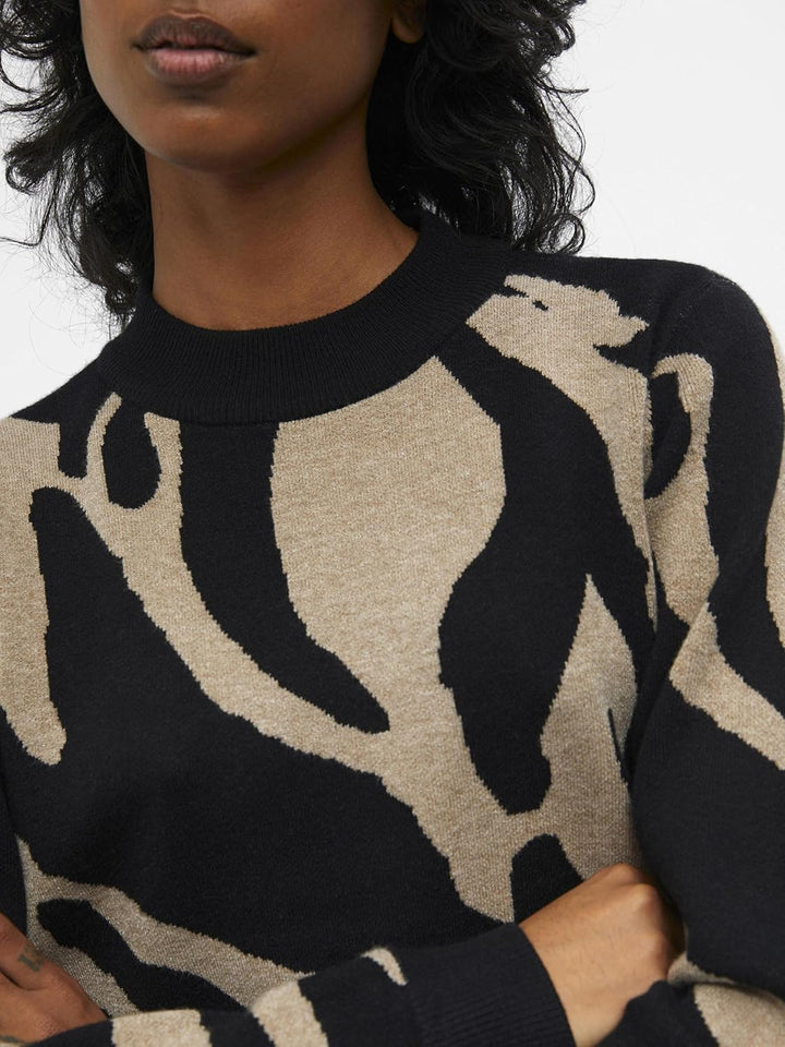 Object Damen Objray L/S Knit Pullover AOP Noos Strickpullover XS Black/Aop:fossil Big Animal Jaquard