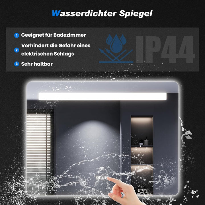 SONNI Badspiegel mit Beleuchtung 80x60 cm, LED Spiegel mit Touch Schalter & Gedächtnisfunktion, 3 ei