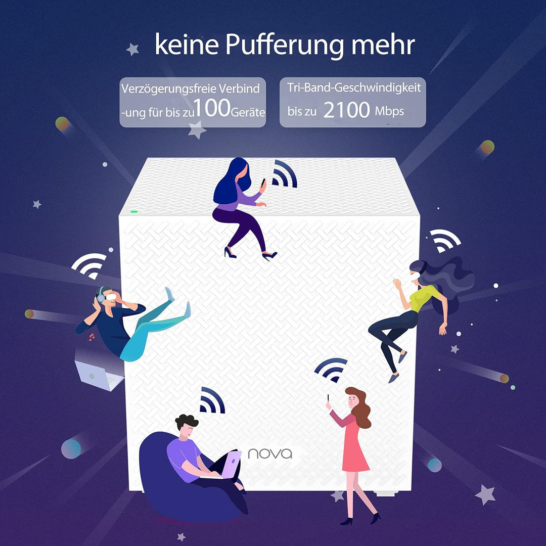 Tenda Nova MW12 Mesh WLAN System - AC2100 Tri-Band WLAN Mesh System -empfohlen für Häuser mit 3-5 Sc