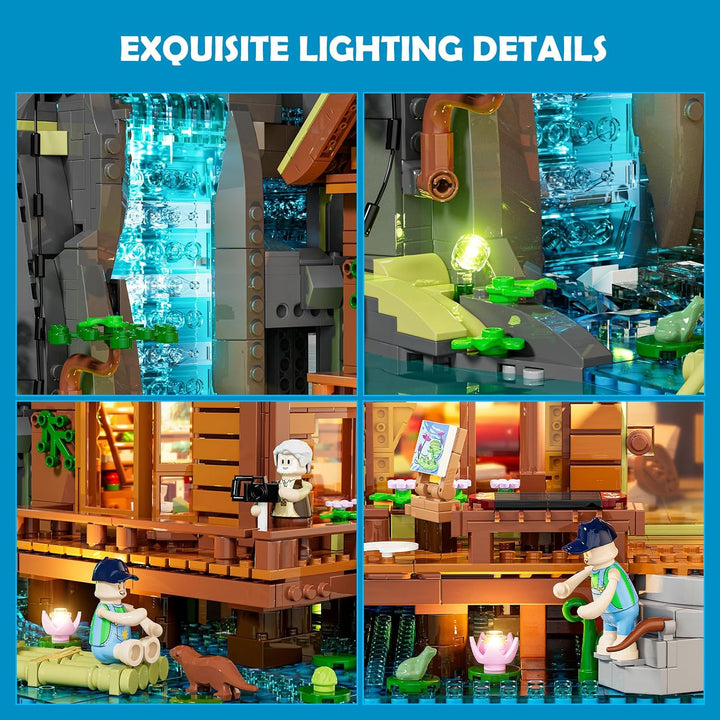 Lumibricks Waterfall Cabin Bauset mit Licht – 2539 Teile Retro Holzhaus mit beweglichem Wasserfall &
