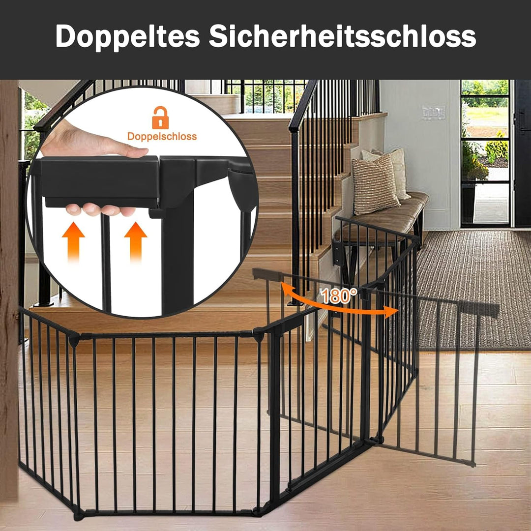 LARS360 Kaminschutzgitter 300cm mit Tür, 5 Elemente Faltbares Ofenschutzgitter & Absperrgitter, Lauf