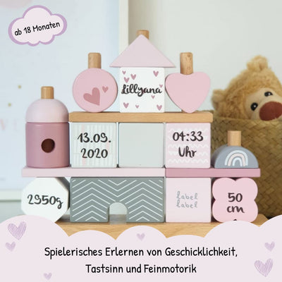 KIDSLINO Steckspiel Haus rosa Personalisierbares Geschenk zur Geburt Mädchen Handmade Holzspielzeug