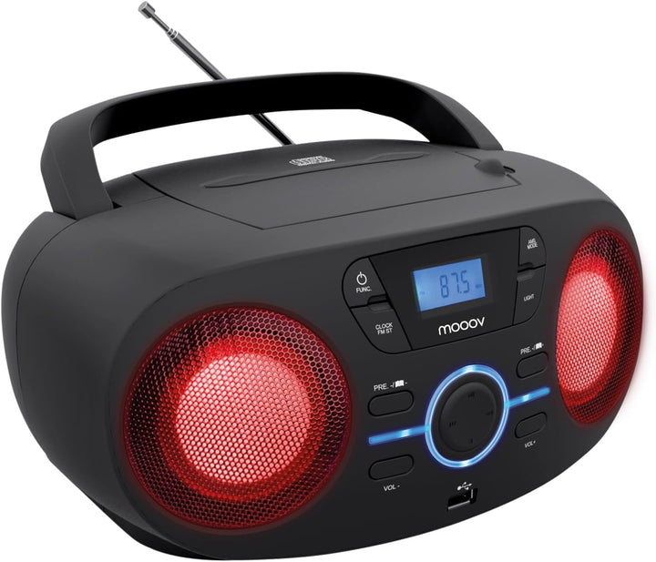 Mooov 477415 Tragbarer CD-Player, CD-Audio-Lesegerät CD-R/CD-RW/CD-MP3, FM-Radio, USB-Anschluss, LED