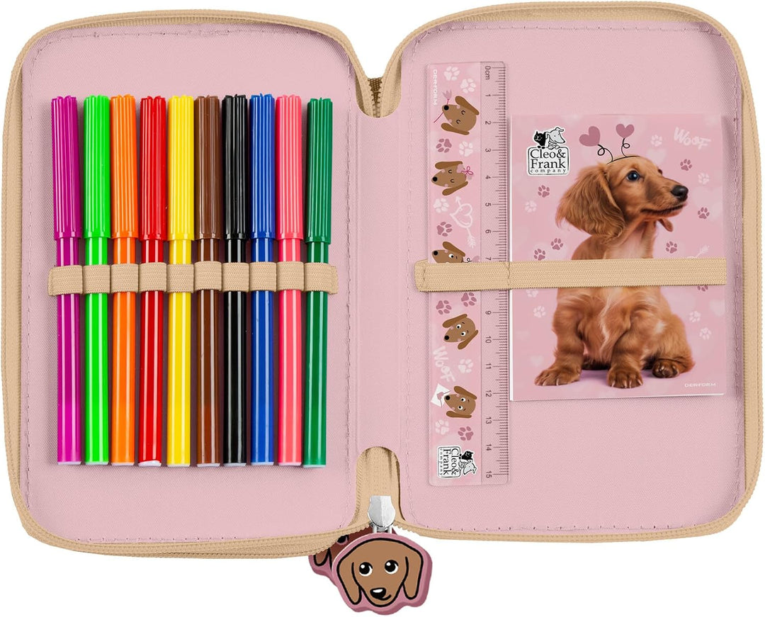 Hund Welpen Hündchen, 2-Fach Federtasche Federmappe, 27 tlg. gefüllt für Kinder Jungen Mädchen, rosa