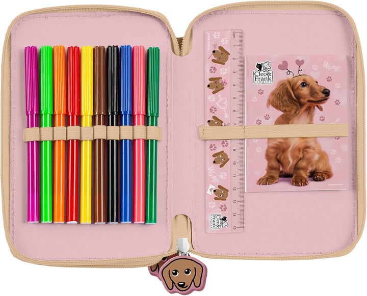Hund Welpen Hündchen, 2-Fach Federtasche Federmappe, 27 tlg. gefüllt für Kinder Jungen Mädchen, rosa