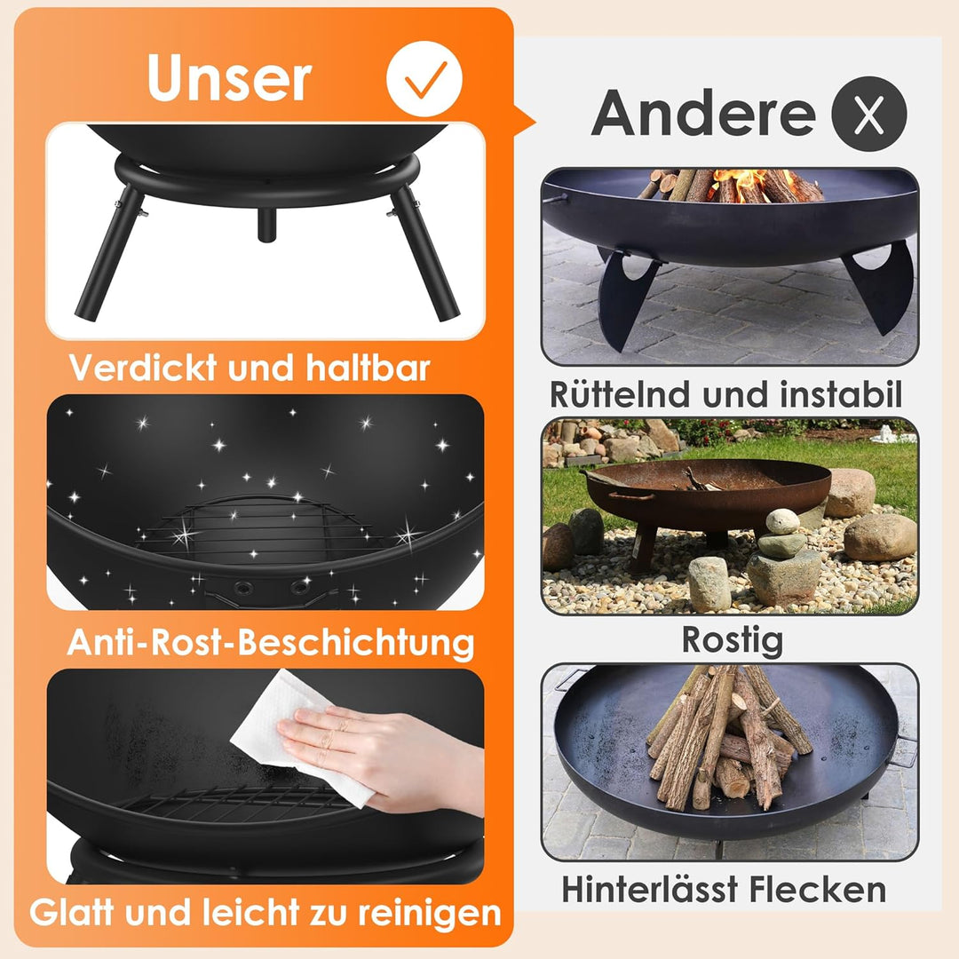 UISEBRT Runde Feuerschale 60 cm aus Stahl tragbare Feuerstelle mit Holzrost und Zubehör ideal für Ga