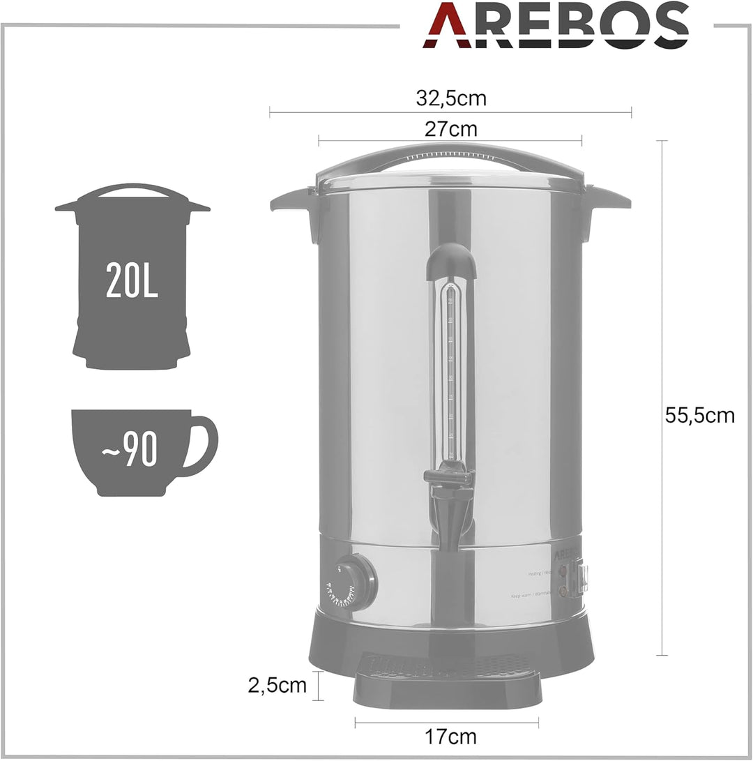 Arebos Glühweinkocher 1650 W | Heissgetränkespender | 20 L | mit Auffangschale, Auslasshahn, Thermos