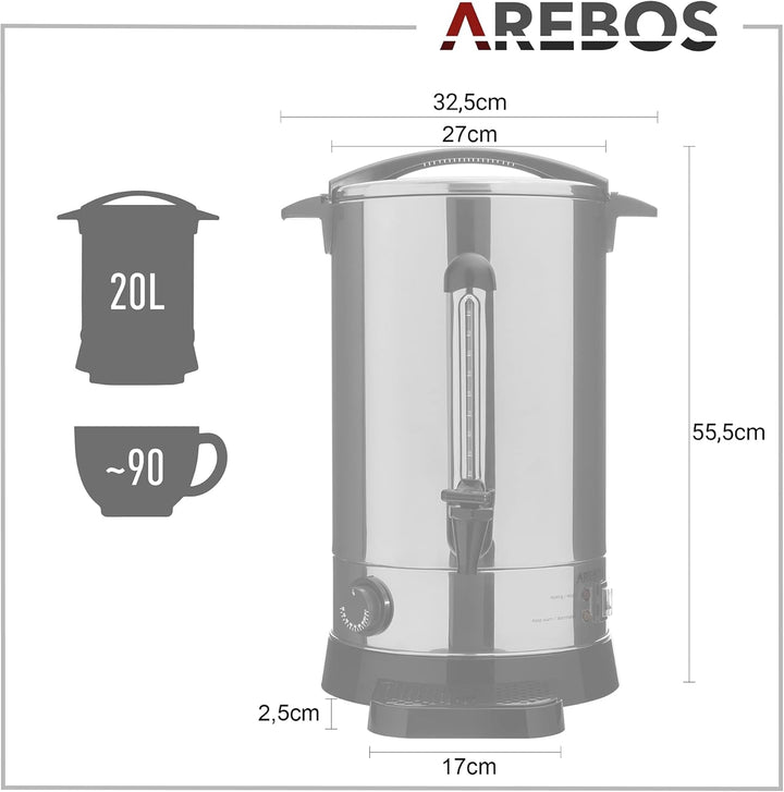 Arebos Glühweinkocher 1650 W | Heissgetränkespender | 20 L | mit Auffangschale, Auslasshahn, Thermos