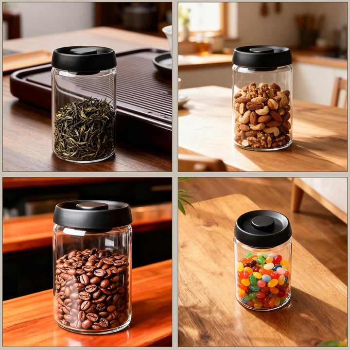 1.2L Kaffeedose Luftdicht, 2 Stück Vakuumbehälter aus Glas Mit Schwarzem Deckel Und Goldenem Knopf,