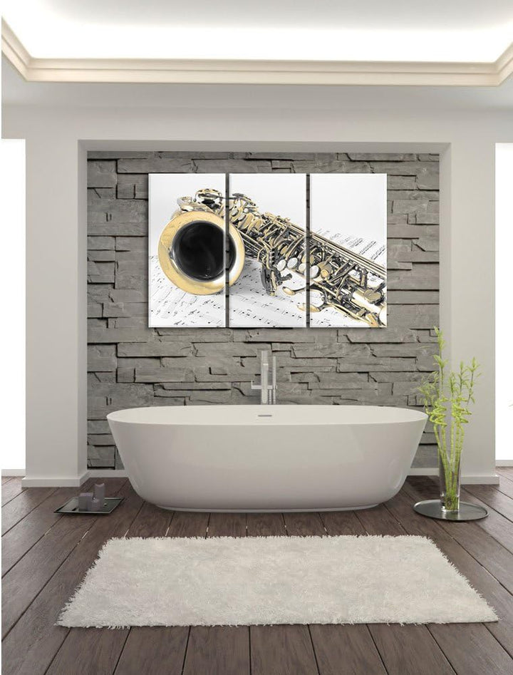Pixxprint Saxophon auf Notenpapier als Leinwandbild/Grösse: 3 Teilig (120x80 cm) cm/Wandbild/Kunstdr