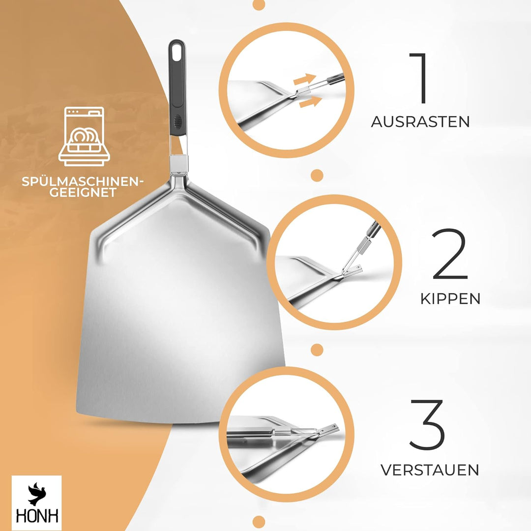 HONH - Pizzaschieber Edelstahl - Extra grosse Schaufel (33 x 38 cm) - Premium Pizzaschaufel mit extr