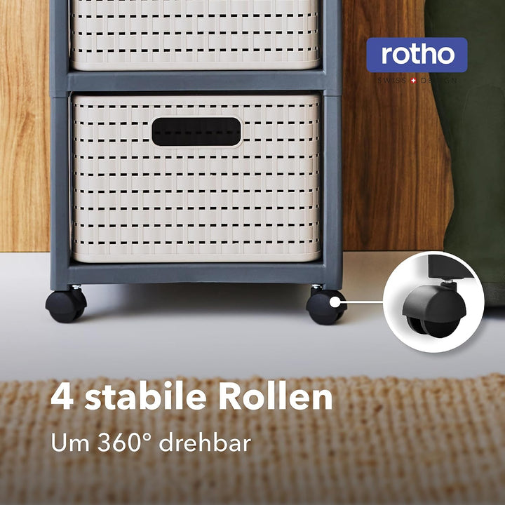 Rotho Country Rollcontainer mit 3 Schubladen in Rattan-Optik, Kunststoff (PP) BPA-frei, anthrazit, 3