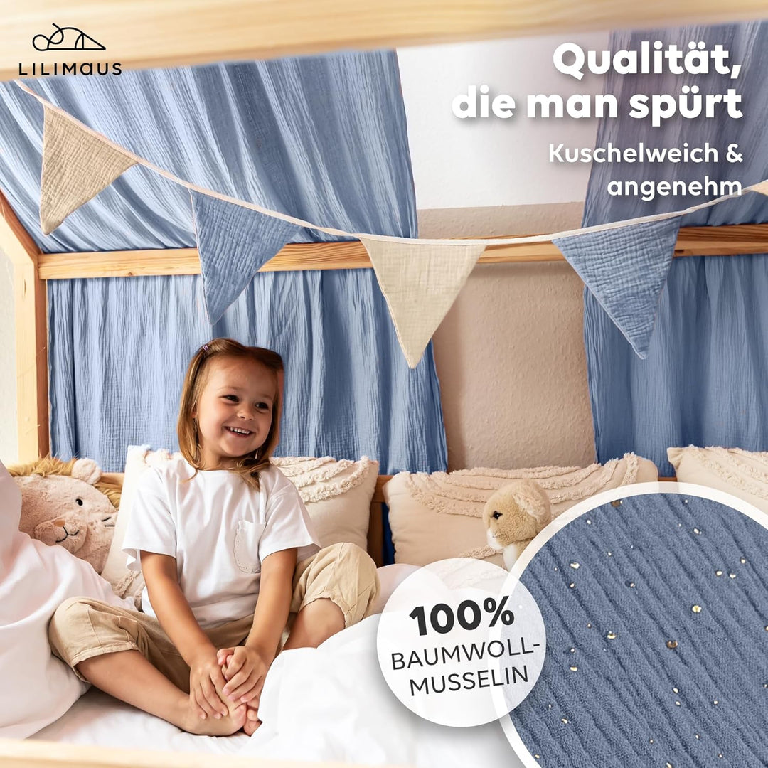 Hausbett Himmel mit Gold Applikation [in 12 Farben] Betthimmel Hausbett aus 100% Baumwolle Musselin