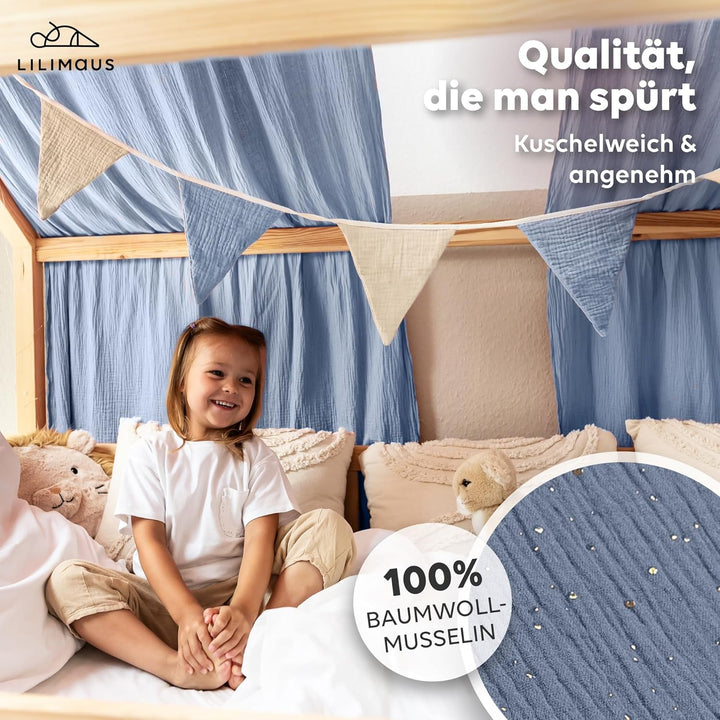 Hausbett Himmel mit Gold Applikation [in 12 Farben] Betthimmel Hausbett aus 100% Baumwolle Musselin