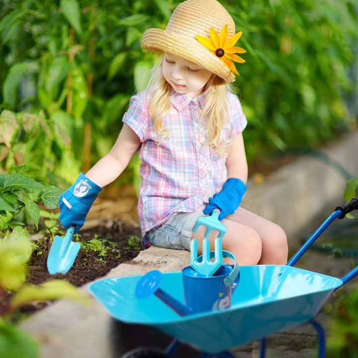 Colwelt Kinder Schubkarre Set Metall, 5-teilig, Metall Kinderschubkarre für den Garten mit Schaufel,