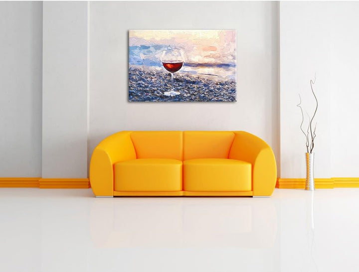 Pixxprint Weinglas am Strand / 100x70cm Leinwandbild bespannt auf Holzrahmen/Wandbild Kunstdruck Dek