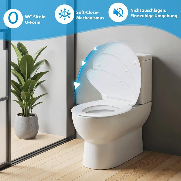 Duroplast WC-Sitz O-Form mit Absenkautomatik, Edelstahlscharnier, One-Touch-Schnellverschluss und ei