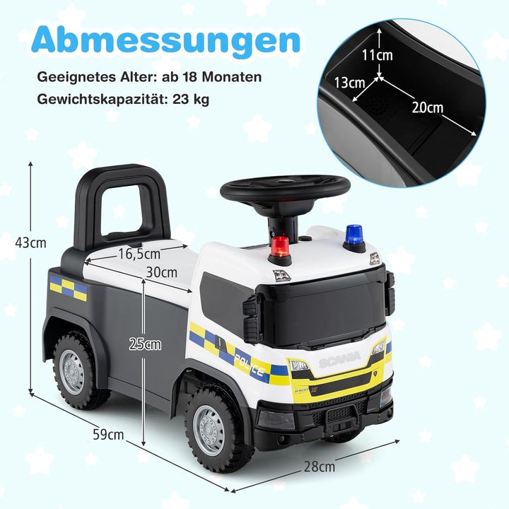 COSTWAY 2 in 1 Rutschauto, Polizeiauto mit Lenkrad, LED-Licht, Hupe & Musik, Rutscher Auto mit Staur