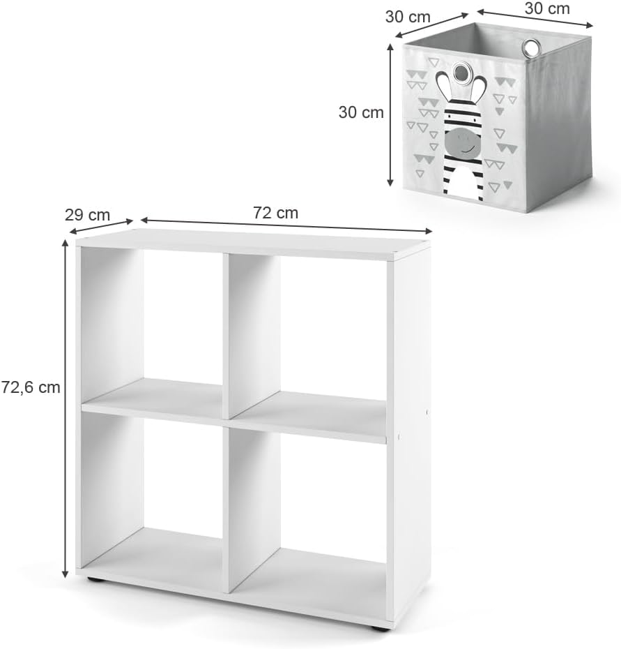 Vicco Kinderregal Tetra, Weiss, 72 x 72.6 cm mit 4 Faltboxen (grau/blau), 4 Fächer Faltboxen: grau,
