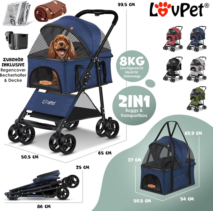 LOVPET® Hundewagen 2in1 Hundebuggy Hundebox Transporttasche Faltbar klappbar bis 20kg Haustiere Bugg