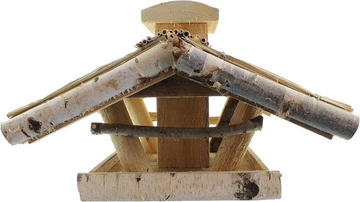 Vogelhaus Futterhaus Vogelvilla Heide aus Echtholz mit Futtersilo und Ständer XXL 145cm Höhe 60cm Br