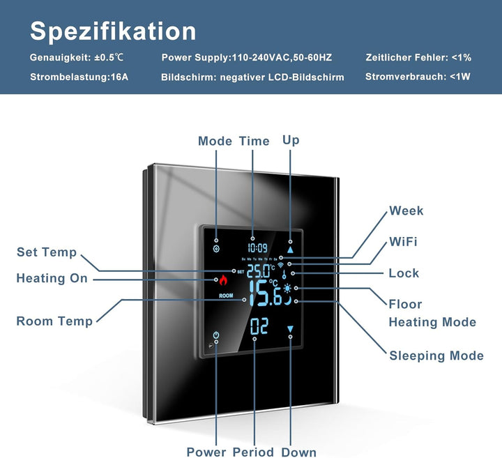 CNBINGO Smart Thermostat Unterputz mit Kristall Glasscheibe WLAN Digital Raumthermostat Kompatibel m
