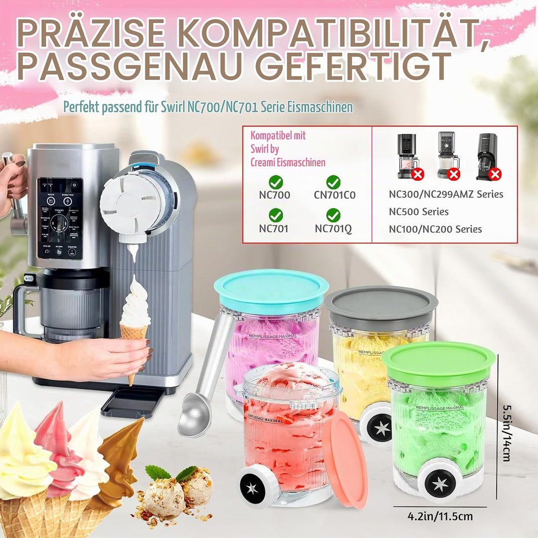4 Stück Ninja Creami Behälter 480ml, BPA-frei &amp; Spülmaschinenfest, Kompatibel mit Ninja NC300/NC301/