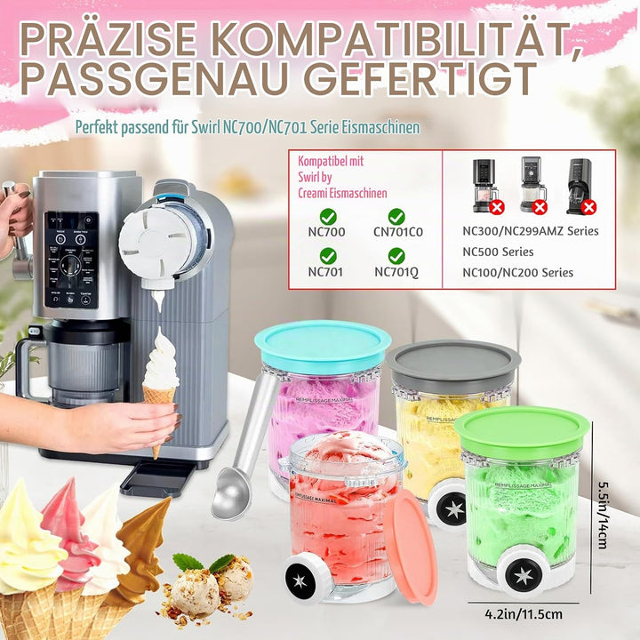 4 Stück Ninja Creami Behälter 480ml, BPA-frei &amp; Spülmaschinenfest, Kompatibel mit Ninja NC300/NC301/