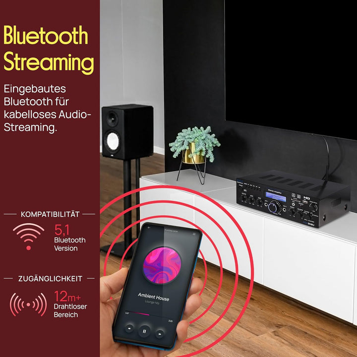 Pyle HiFi Verstärker, 200W Bluetooth Stereo Receiver mit HDMI, USB, UKW, AUX & Mic- Eingang, Mehrkan