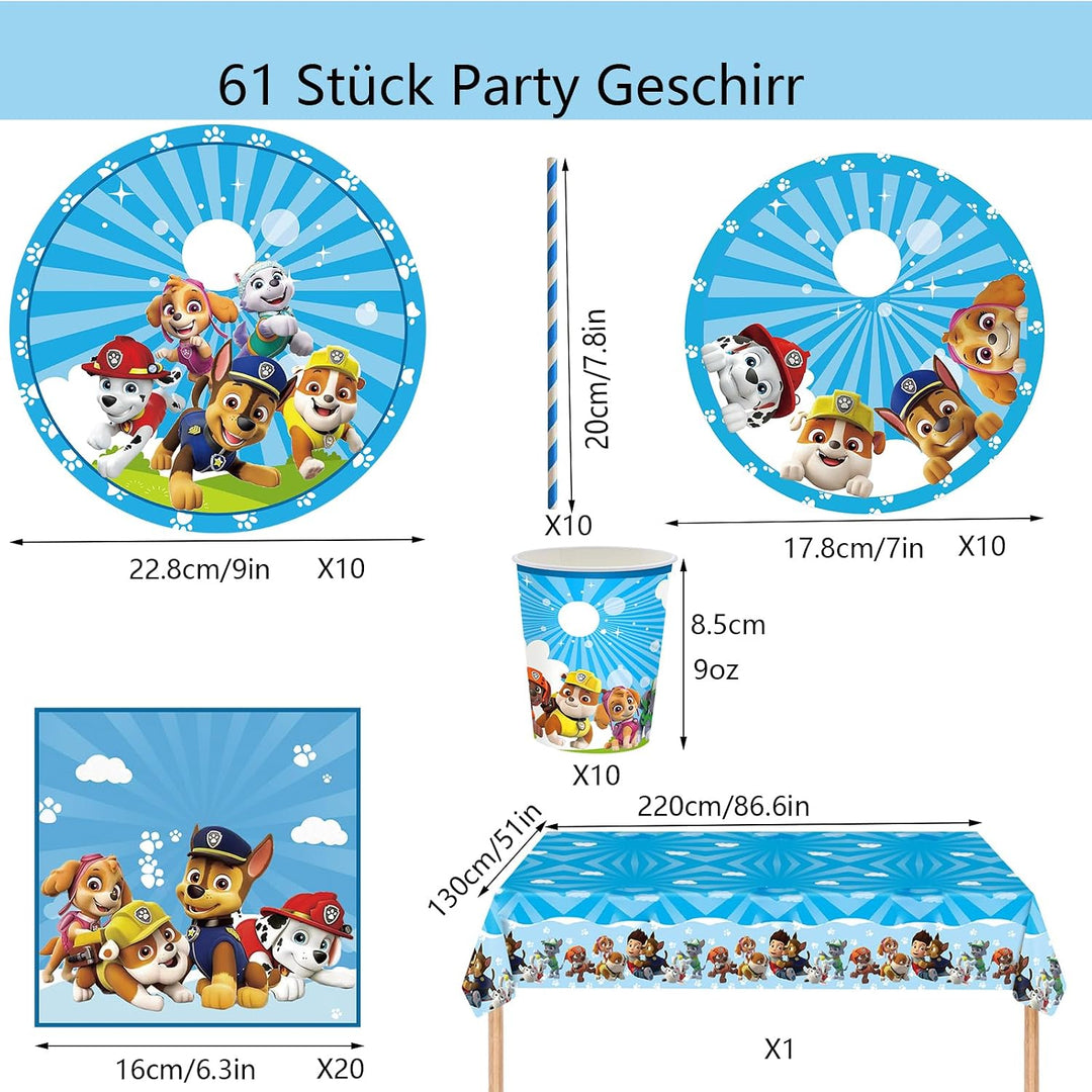 61 Stück Patrol Partygeschirr Geburtstag Party Zubehör Junge Mädchen Set Pappteller Becher Serviette