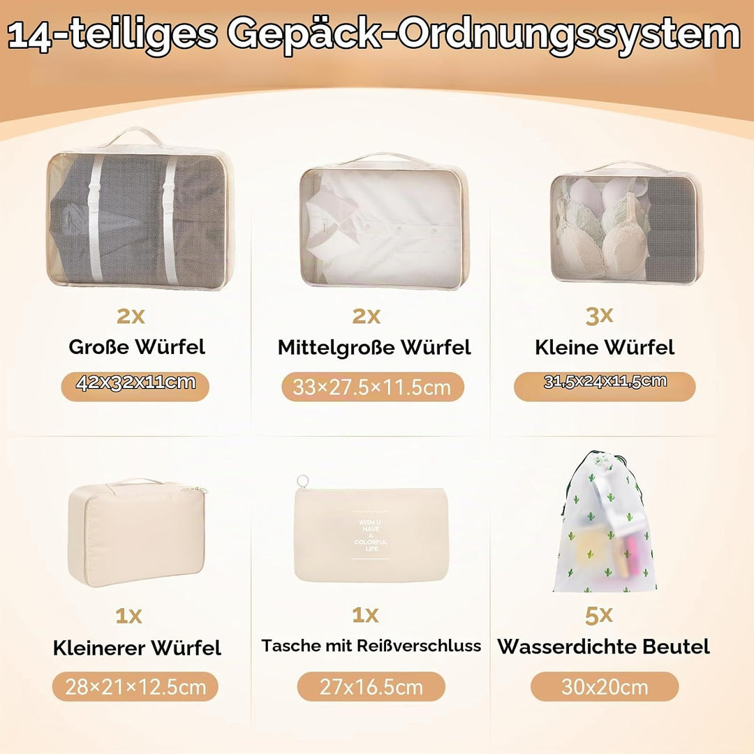 Koffer Organizer Set, 14 Stück Packing Cubes für Reise, Kofferorganizer Packtaschen Set, Wasserdicht
