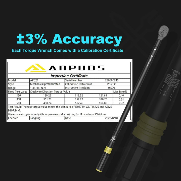 ANPUDS Drehmomentschlüssel 3/4 Zoll, 100-600 Nm Drehmomentschlüssel, ±3% Fehlergenauigkeit mit 48 Zä