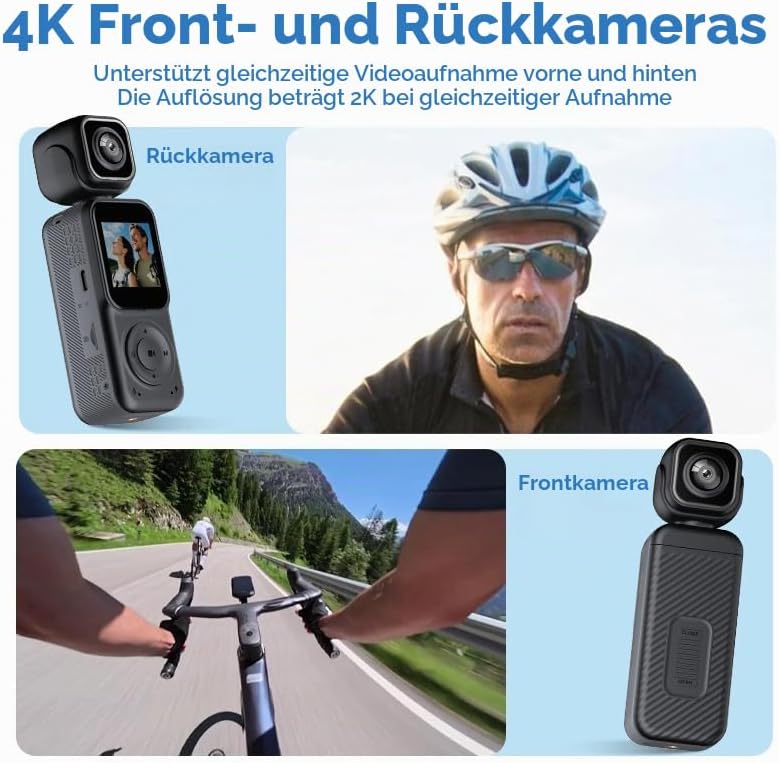 4K Vlog Kamera mit WLAN, Dual Kamera und 180° Schwenkobjektiv, Mini Pocket Camera mit 1,5 Zoll IPS D