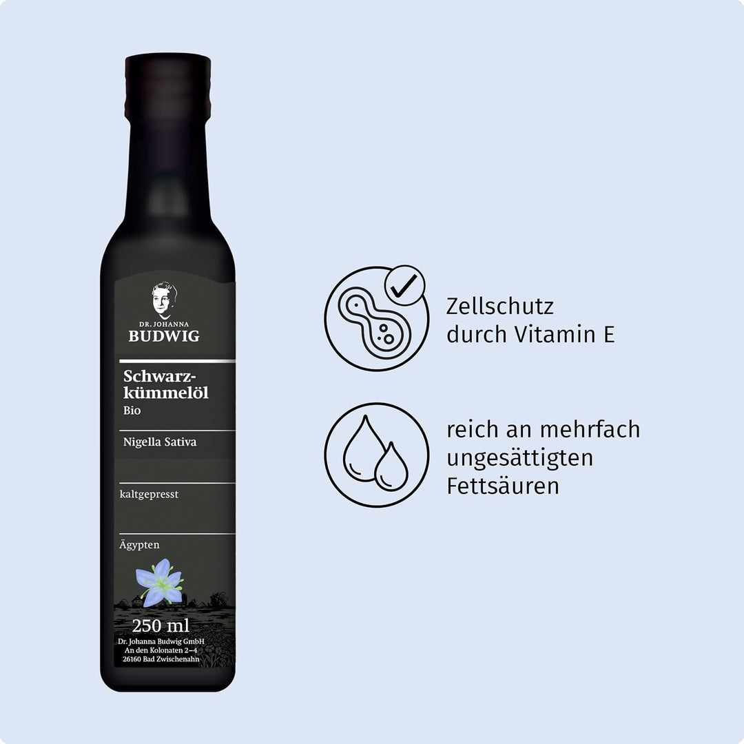 Dr. Budwig Premium Bio Schwarzkümmelöl (250ml) - nigella sativa - ätherisches Öl aus Ägypten - Vitam