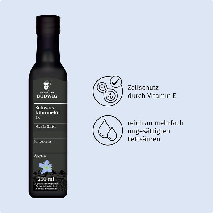 Dr. Budwig Premium Bio Schwarzkümmelöl (250ml) - nigella sativa - ätherisches Öl aus Ägypten - Vitam