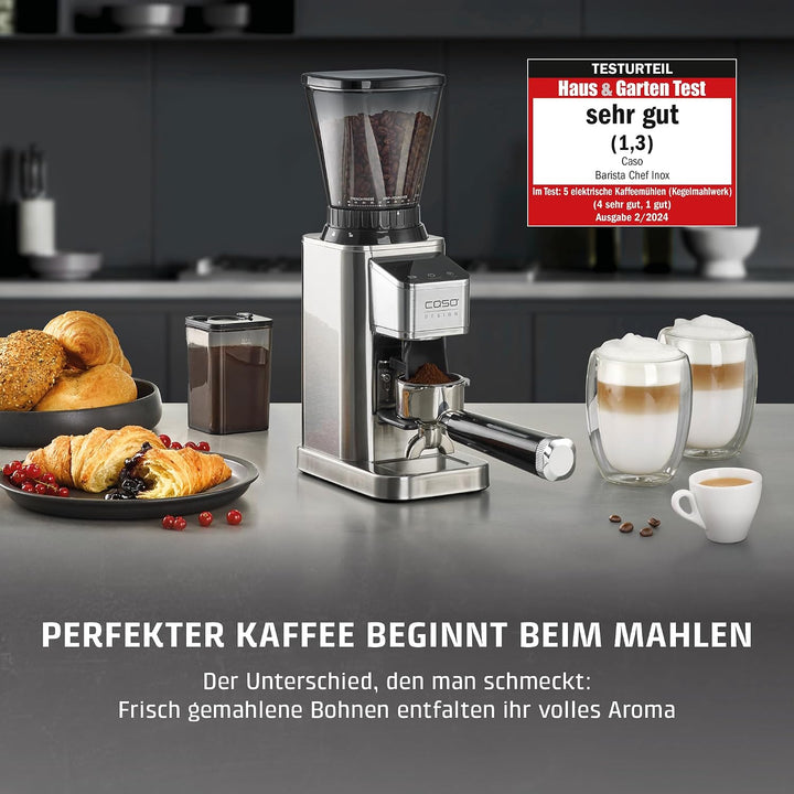 CASO BaristaChef Inox - elektrische Kaffeemühle, langlebiges Edelstahl-Kegelmahlwerk, mit Siebträger
