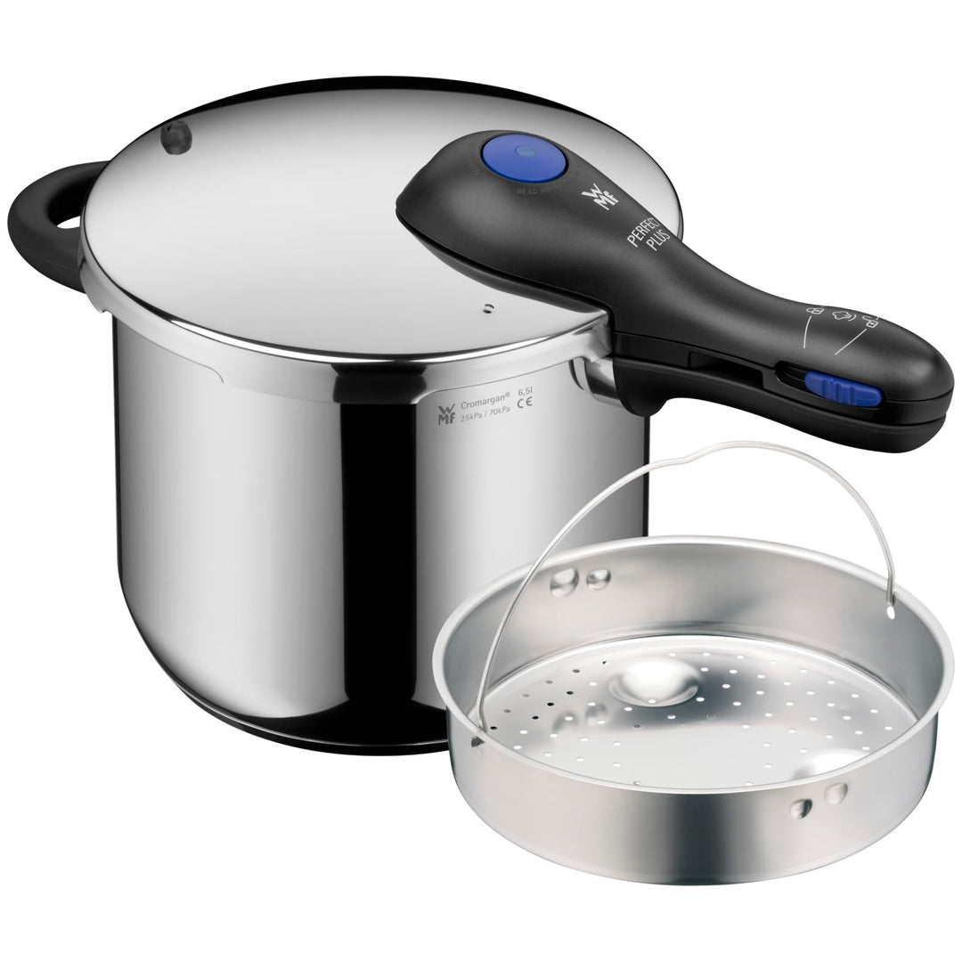 WMF Perfect Plus Schnellkochtopf Induktion 6,5l, mit Einsatz, Dampfkochtopf mit Flammschutz, grosses