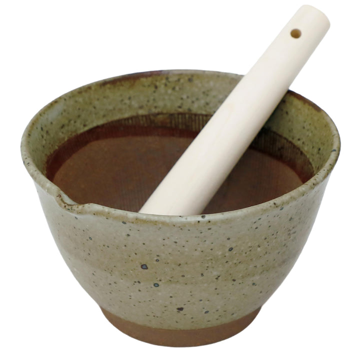Asayu Japanische Keramik-Mörserschale in Grau mit Holzstössel 160 mm, Hergestellt in Japan, Spülmasc