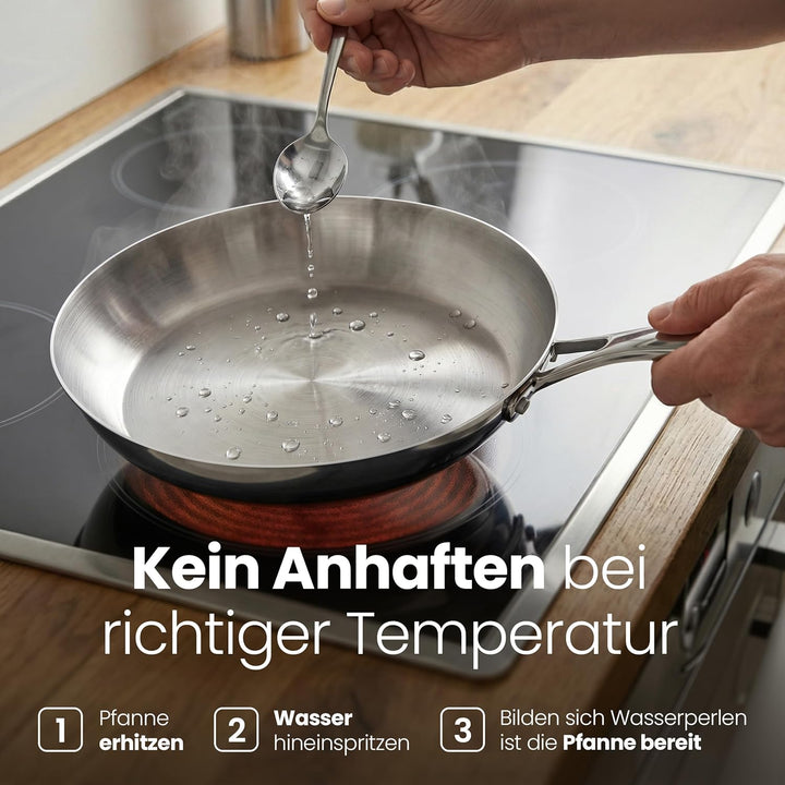 Batoris Edelstahlpfanne Unbeschichtet - Induktion - Profi Bratpfanne 28cm - Perfekt als Steakpfanne