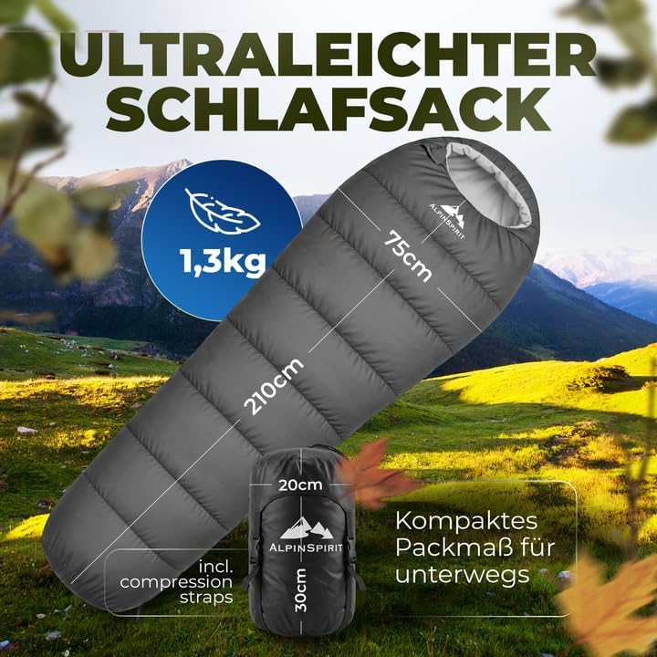 Schlafsack [Ultraleicht] 3 Jahreszeiten Sommer & Winter, kleines Packmass, Komfort, 210x75 cm, leich
