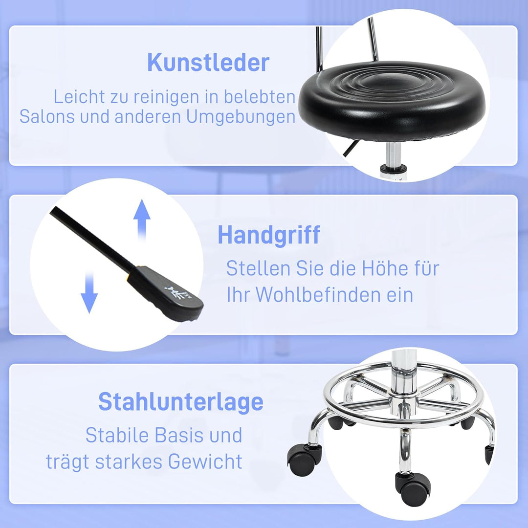 HOMCOM Rollhocker höhenverstellbar Drehhocker Drehbar Salon Hocker mit Lehne, Rädern, Arbeitshocker